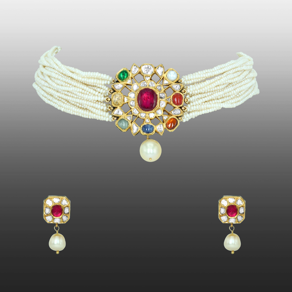 Multi-Strand Pearl Choker Set with Navaratna Motif and Drops